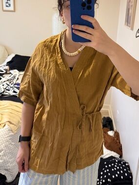 Mustard oversize Wrap Top Linen Kimono with Short Sleeves
